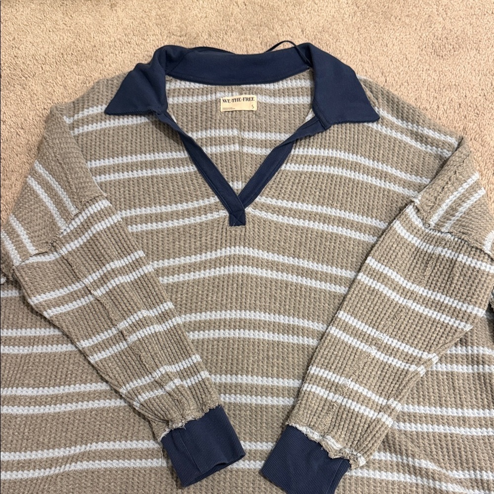 We The Free Striped Travis Polo Tee Heather Grey | Size S | Free People - Picture 4 of 7
